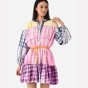 Charina Sarte Holi Mini Dress Tie Dye Tiered Tie Belt Button Closure Size XS